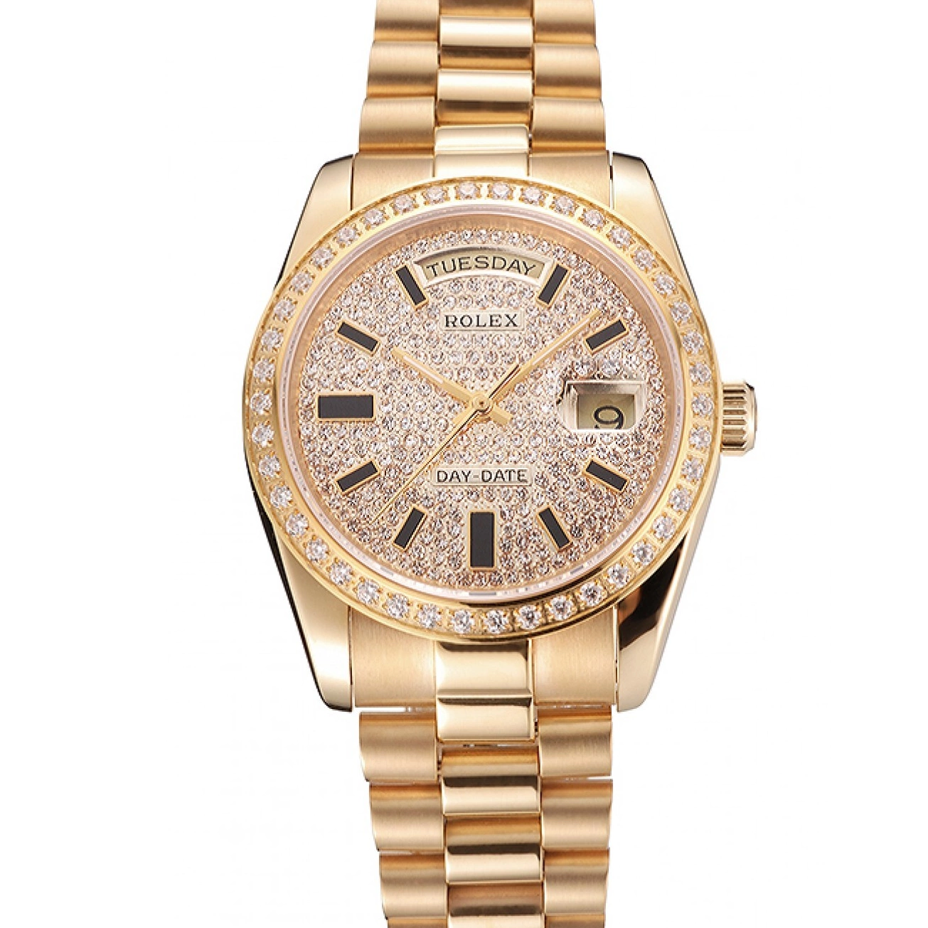 And Pave Diamond Swiss And Day Bracelet Case Bezel Gold Dial Date Rolex 0824